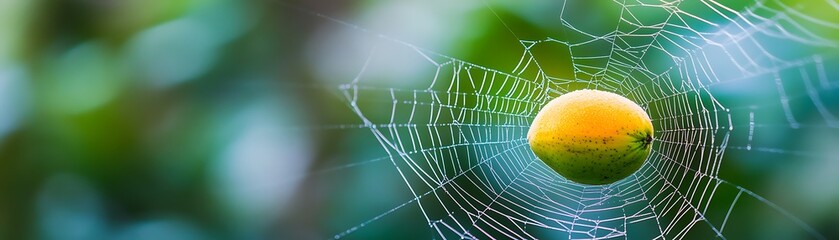 A vibrant, small fruit rests in the intricate center of a dewy spiderweb, set against a blurred backdrop of lush, green foliage