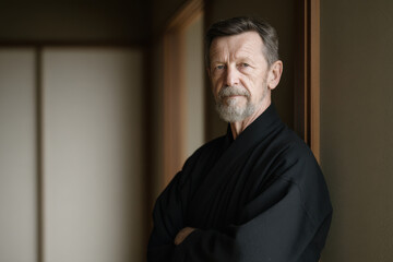 ceremonial master portrait positioned on left side of frame exuding solemn emotion