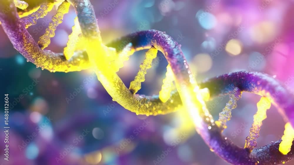 Poster colorful dna helix structure with glowing particles and abstract background in science and technolog