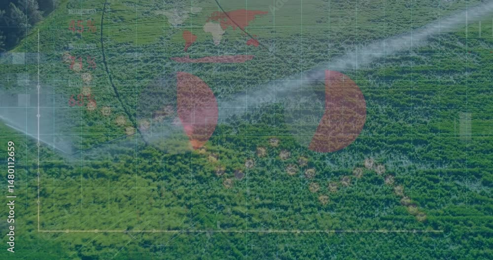 Poster center-pivot sprinkler spraying water across crop rows while flat design overlaying digital data