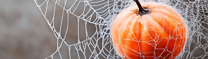 An orange gourd rests in a spiderweb, creating an autumnal scene