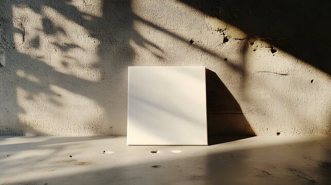 A minimalist approach to interior design is demonstrated by a blank square canvas art mockup leaning against a concrete wall, with sunlight casting a shadow, and featuring an empty frame template