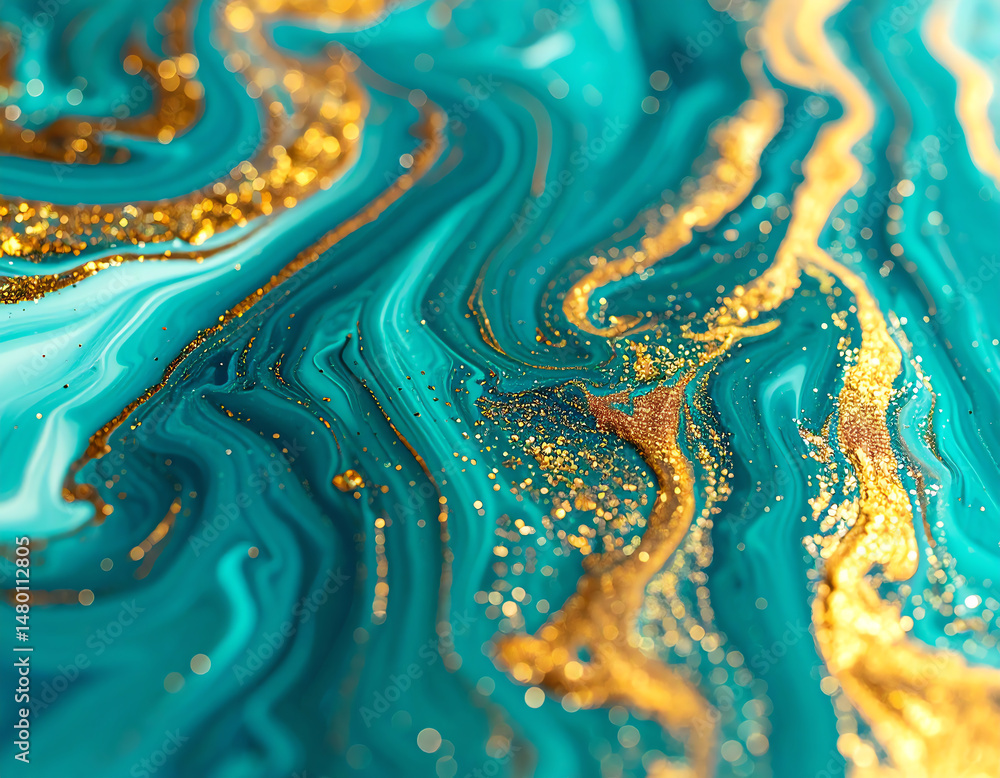 Poster a vibrant abstract swirl of turquoise and gold, showcasing fluid patterns and shimmering glitter, cr