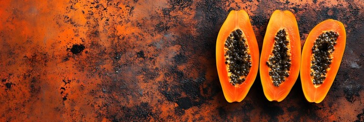 Three papaya halves arranged on a rustic, textured surface. Vibrant orange flesh contrasts with dark seeds