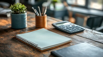 Stylish Desk Arrangement with Notepad, Calculator, Pens, and Green Plant in Modern Workspace