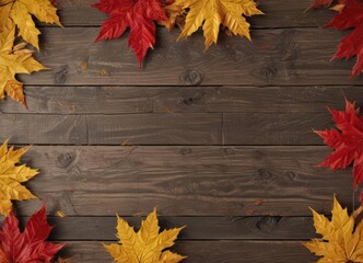 Obraz premium Crimson & gold maple leaves scattered on rustic wood grain , season, red