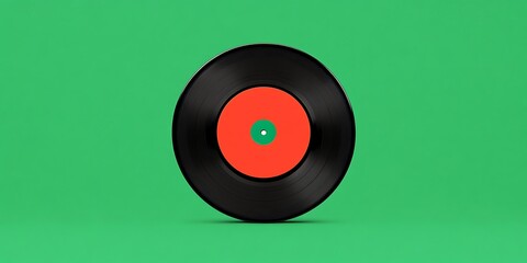 A black vinyl record with an orange and teal label sits against a green background