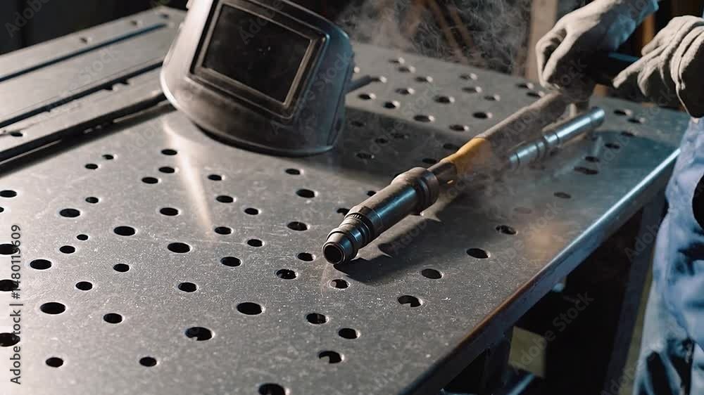 Aufkleber tools on workbench with metal surface and welding helmet in workshop setting for industrial applicat