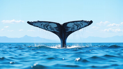 Fototapeta premium Majestic Whale Tail Emerging From Ocean – Blue Marine Mammal Fluke Above Calm Sea Waters for Whale Migration Education and World Whale and Dolphin Day Awareness