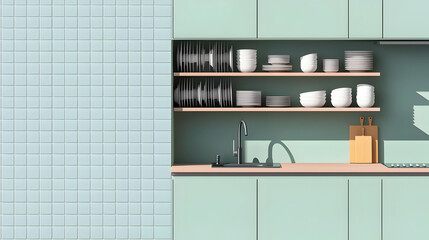 Light Teal Kitchen Interior With Wooden Shelves
