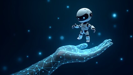 Abstract 3D digital AI robot floating above a human wireframe hand. Chatbot or AI bot assistant
