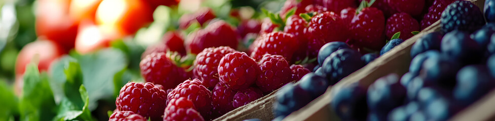 Close-up of ripe berries and leafy greens at a farmers' market, vibrant, farmers market