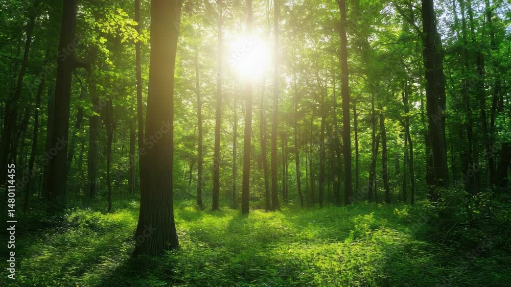 Poster A serene scene of sunlight filtering through the treetops in a dense forest