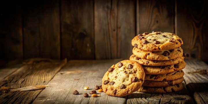 A stack of freshly baked chocolate chip cookies, golden brown and glistening with sweetness, rests upon a rustic wooden table, a tantalizing treat for any cookie lover.