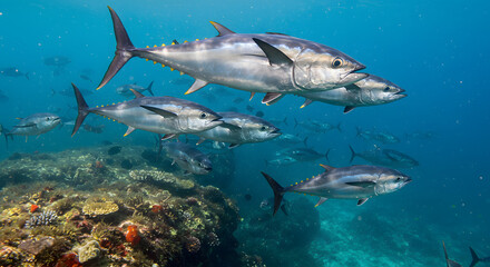 Fototapeta premium School of Tuna Swimming Over Coral Reef
