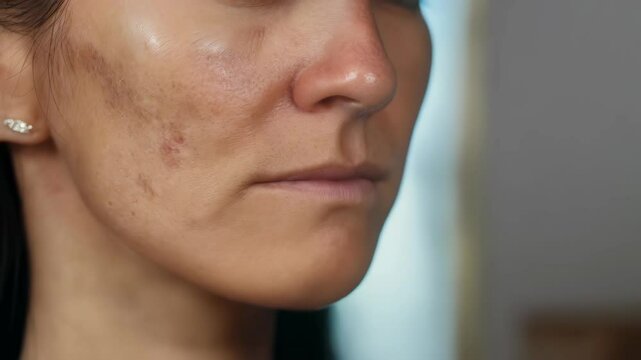 Close up of woman's face with hyperpigmentation, showcasing skin discoloration, and visible skin texture, featuring a realistic representation of human complexion.