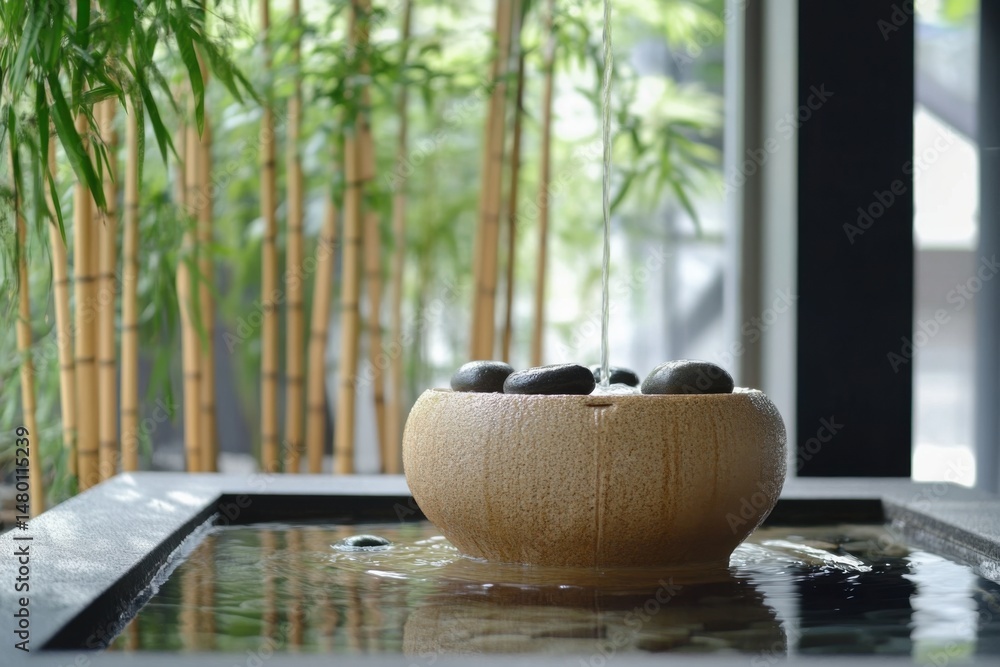 Poster indoor zen fountain with bamboo backdrop and smooth stones creating a peaceful and relaxing atmosphe