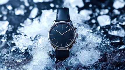 Luxury wristwatch resting on a bed of ice demonstrating its coolness and durability