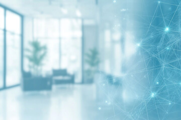 Modern office space blurred background with network connections overlay