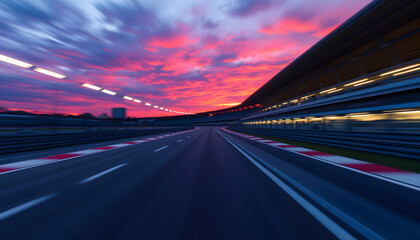 Blurred raceway streaked with golden twilight speed, pixel art. with white shades