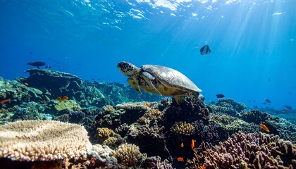 Sea turtle swimming above coral reefs, vibrant fish, sun rays shining through blue ocean