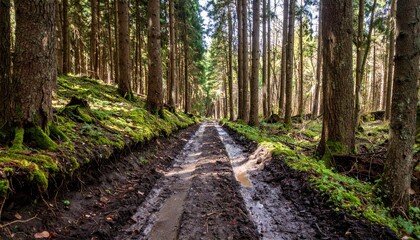 Obraz premium Serene Forest Trail Surrounded by Tall Trees and Lush Greenery