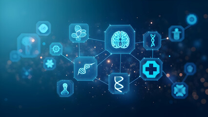 Floating Geometric Medical Icons Including Brain Scan and DNA Helix Arranged in Asymmetrical Pattern Against Gradient Blue Backdrop