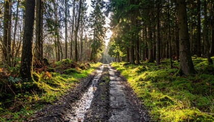 Fototapeta premium Serene Forest Pathway Surrounded by Lush Green Trees and Sunlight