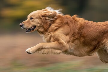 Golden retriever joyfully running through a blurred landscape, capturing the essence of freedom