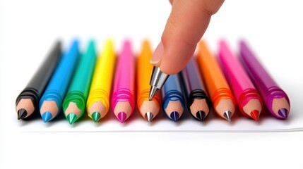 Fototapeta premium Colorful Crayons Arranged in a Row with a Hand Holding a Sharpener Above Them for Creative Inspiration
