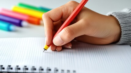 Hand Holding Red Pen Writing on Blank Notebook Grid Page Surrounded by Colorful Markers on a Table