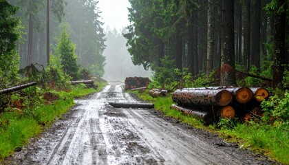 Rainy Forest Road with Fallen Logs and Lush Green Vegetation