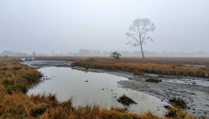 Foggy Landscape with Marshland and Isolated Tree in Early Morning
