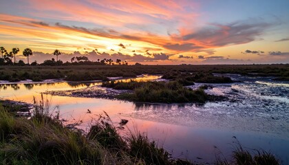 Obraz premium Serene Sunset Over Marshland with Reflections and Colorful Sky