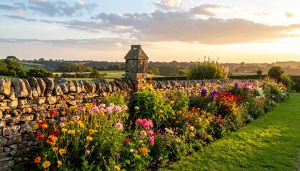Wall with colorful flowers on green grass under a partly cloudy sunset sky