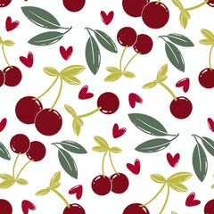 A delightful seamless cherry pattern featuring plump red cherries intertwined with fresh green leaves, perfect for summer designs, food packaging, and kitchen-themed decor.