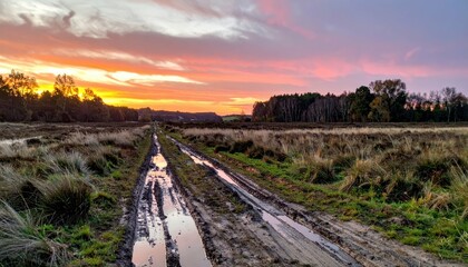 Serene Sunset Over Muddy Pathway in Tranquil Landscape