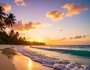 Beach sunset view with palm trees and ocean waves under a colorful sky