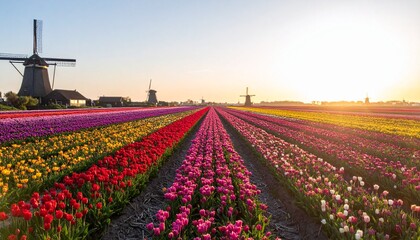 Colorful tulip field stretching to windmills beneath a sunny sky, idyllic scenery