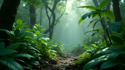 Fototapeta premium Rainforest Conservation Area with Endangered Plant Species Preserved Through Biotechnology and DNA Structures Visible as Ethereal Glowing Networks