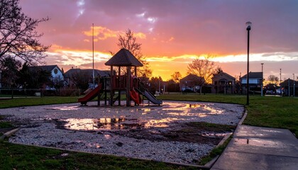 Vibrant Sunset Over Playground with Slides and Water Reflection
