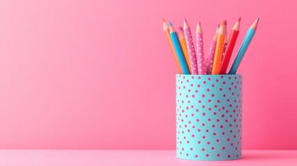 Colorful Pencils in Blue Polka Dot Holder Against Soft Pink Background Creative Art School Supplies