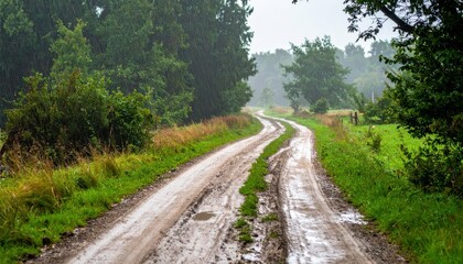 Fototapeta premium Serene Country Road in Rainy Weather Surrounded by Lush Greenery
