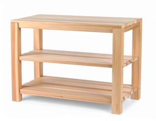 Light wooden shoe rack with three shelves, clean design, simple, isolated on white background
