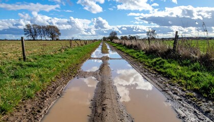 Fototapeta premium Muddy Pathway with Reflections on Water Puddles Under Blue Sky