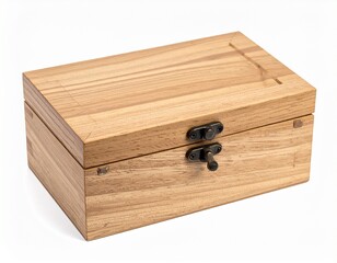 Small, wooden box with a metal clasp, resting on a white surface