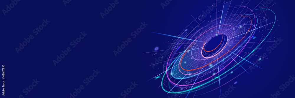 Poster circular fantasy background. abstract glowing circular rays of light on blue background with digital