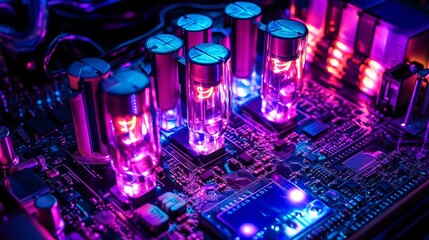 Vibrant purple and blue neon lit vacuum tubes on circuit board up dark retro style light close lights