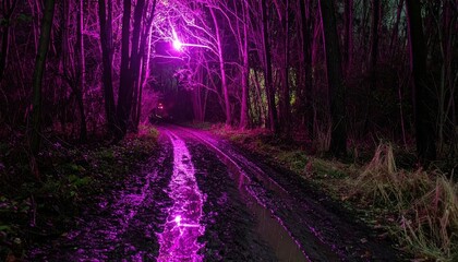 Obraz premium Magical Pathway Through Forest with Purple Light and Reflection