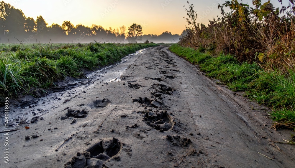 Poster tracks on a muddy path at dawn with fog and nature surroundings